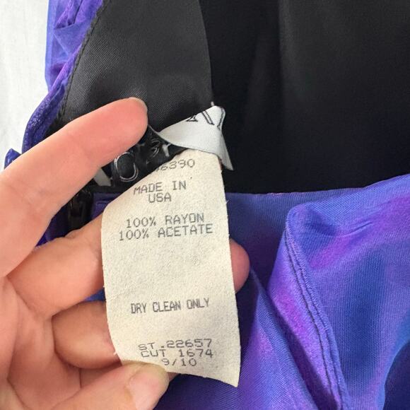Roberta Vintage 90s Black Velour Mini Dress Purple Iridescent Ruffle Flower 9/10 - Picture 6 of 6